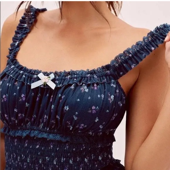 For Love And Lemons Lola Pointelle Dress Blue Floral - Picture 2 of 7